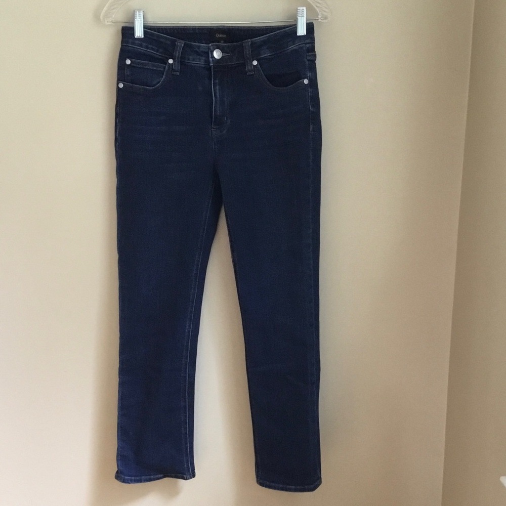 Quince Stretch Mid Rise Slim Straight Leg Jeans Dark Wash